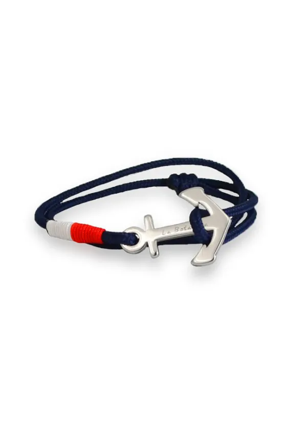 Anchor bracelet with navy blue rope & white & red flag