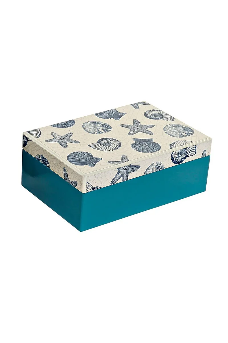 Caja de madera azul con caracolas