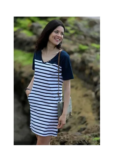 VESTIDO BATELA MUJER CUELLO PICO BLANCO Y MARINO 3