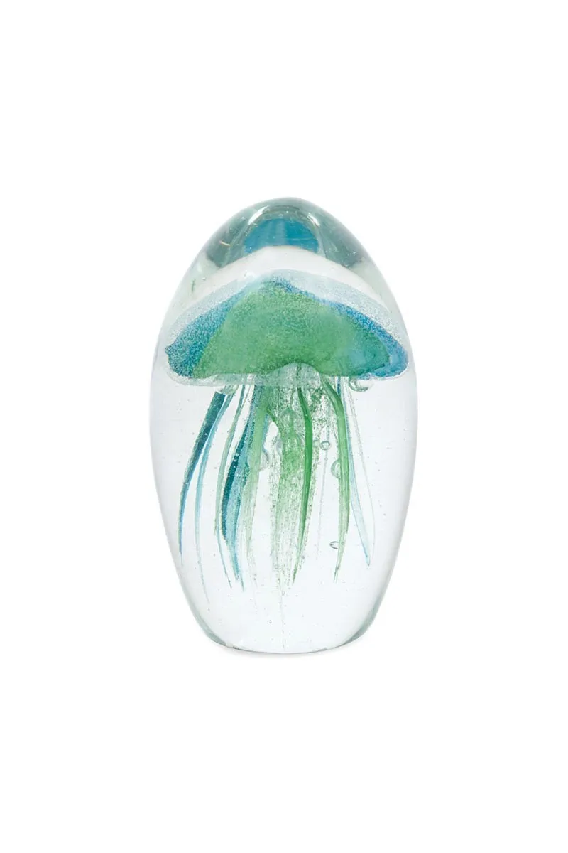 Pisapapeles de cristal con medusa verde y azul
