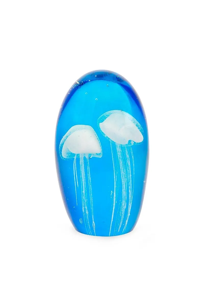 2 White jellyfishes on blue background glass paperweight