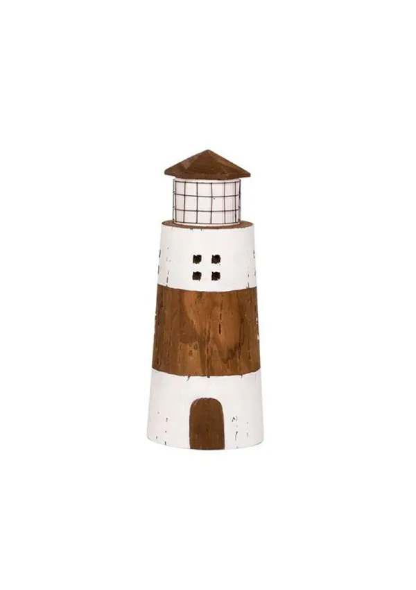 Rustic wooden lighthouse with white stripes