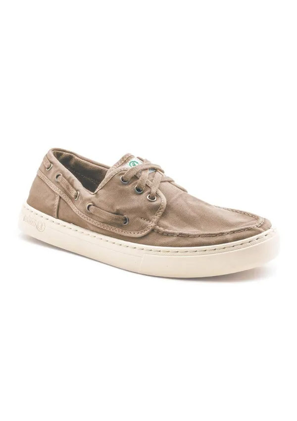 Beige Natural World boat shoe with white sport sole