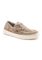 Beige Natural World boat shoe with white sport sole