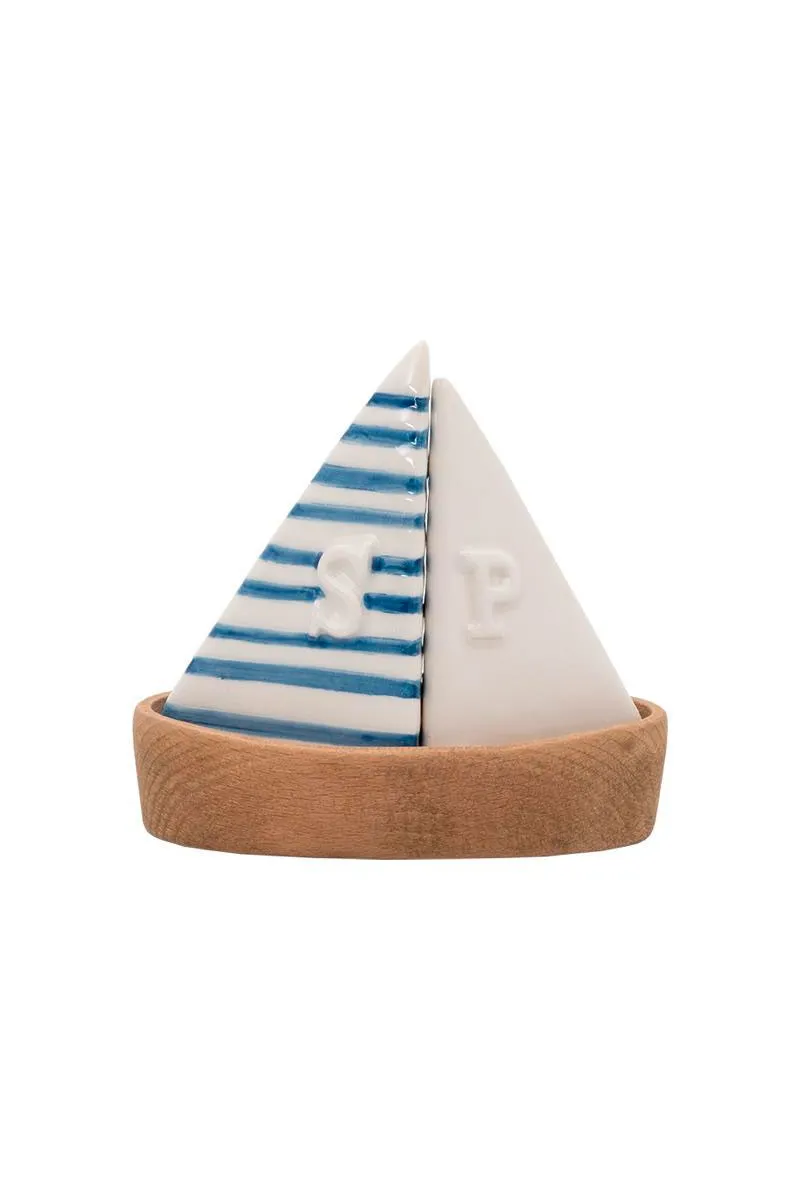 Salero y pimentero velero con base de madera