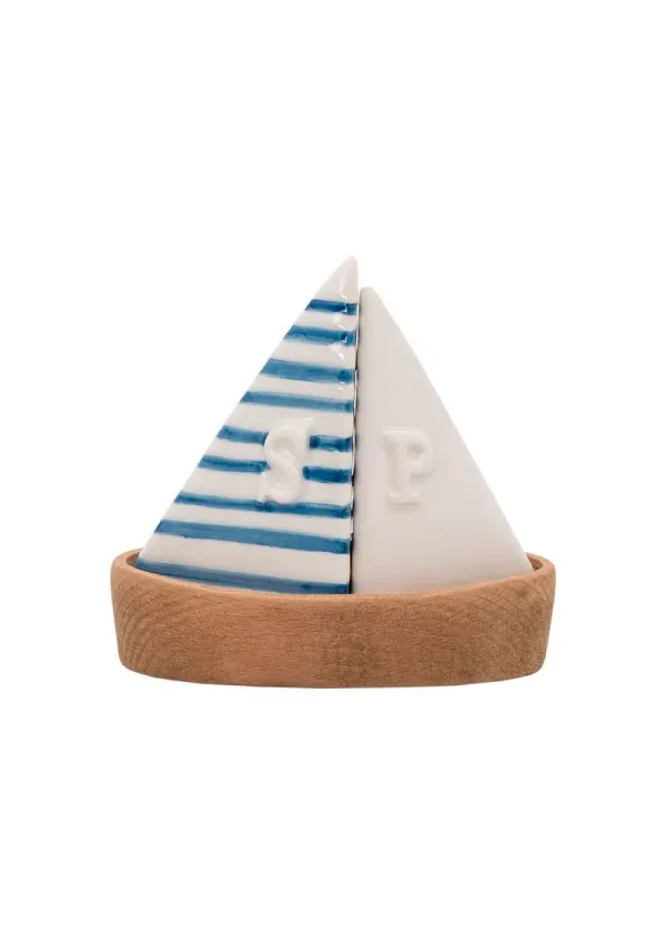 Sailboat salt and pepper shakers with wooden base