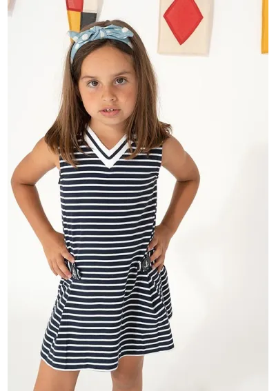 Navy blue & white striped Batela girl dress with V-neck