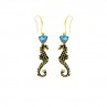 Brass seahorse earrings with blue crystal