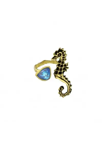Brass seahorse ring with blue crystal