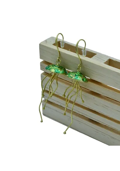 Jellyfish brass earrings enamel green