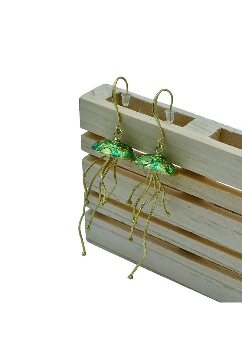 Jellyfish brass earrings enamel green