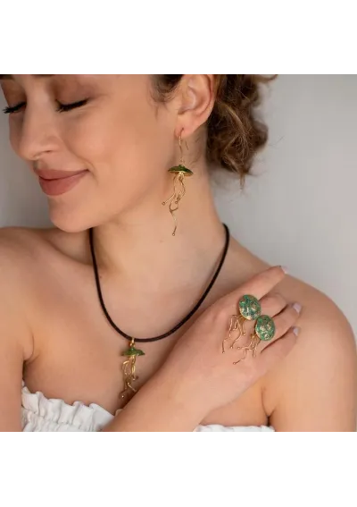 Jellyfish brass earrings rust green 2