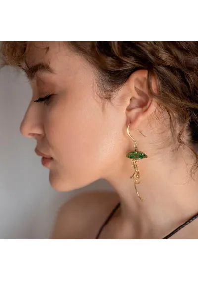 Jellyfish brass earrings enamel green 2