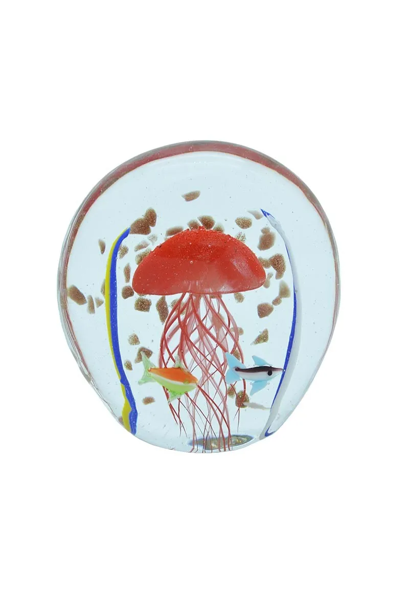 Red jellyfish glass paperweight with fish