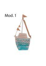 Turquoise wooden boat with flags