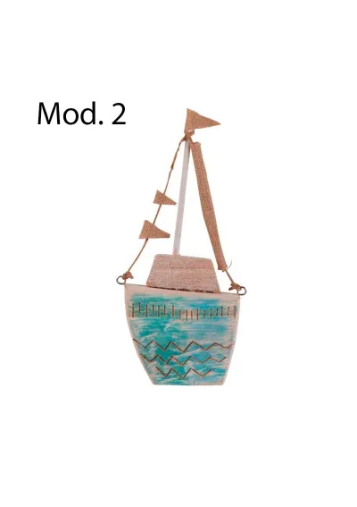 Turquoise wooden boat with flags 2