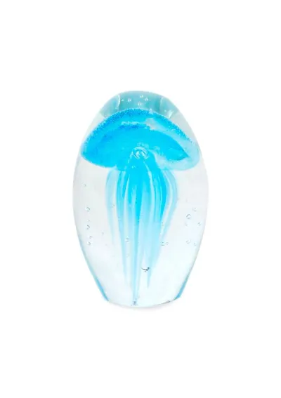 Turquoise jellyfish glass paperweight with spiral tentacles