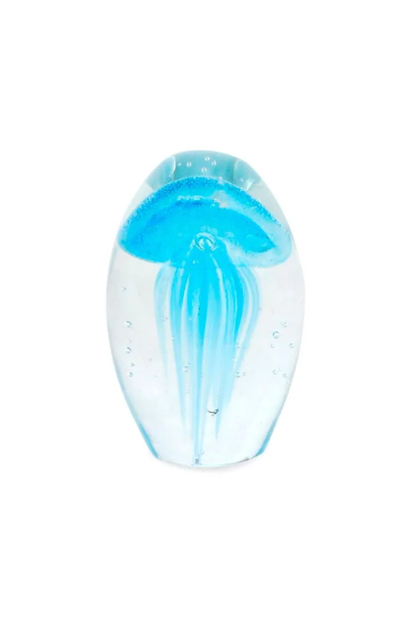 Pisapapeles de cristal con medusa turquesa con tentáculos en espiral