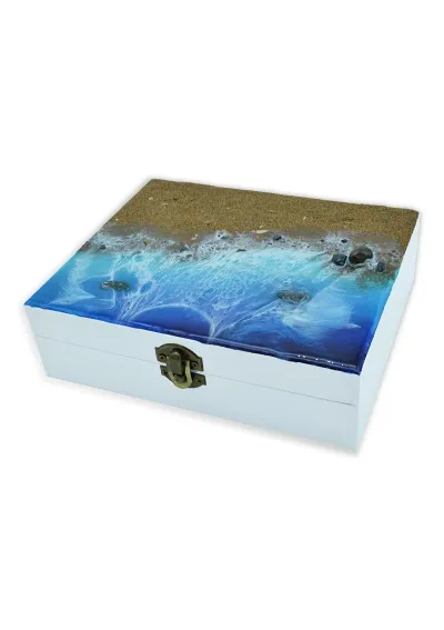 Caja con playa y olas de resina epoxi de 19,5x16cm