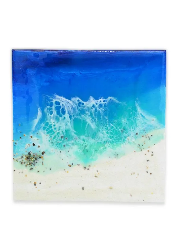 Cuadro hecho mano de resina epoxi de 20x20cm con olas y playa tropical