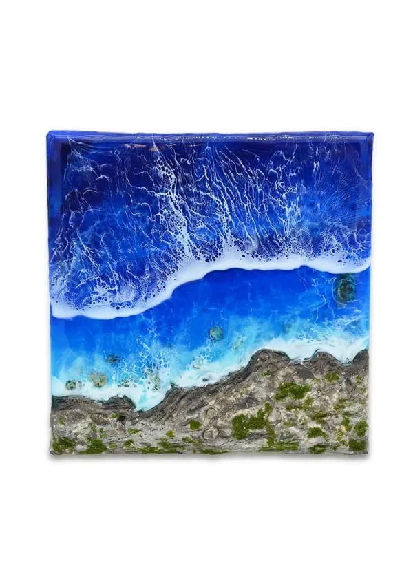 Wall art with waves of epoxy resin and cliff