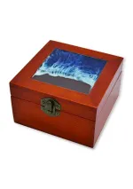 Caja caoba con tapa de cristal y olas de 12x12cm