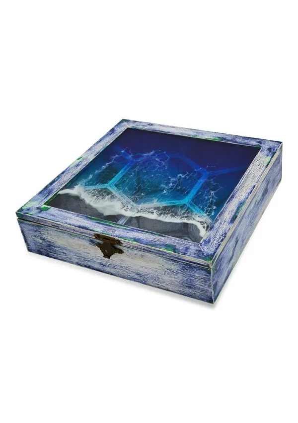 20.5cm tea box with glass lid and waves of epoxy resin mod1