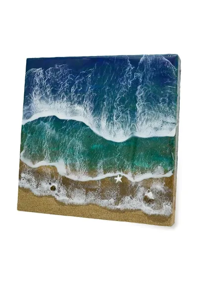 Cuadro hecho a mano con resina epoxi de playa de arena de La Manga de 30x30cm