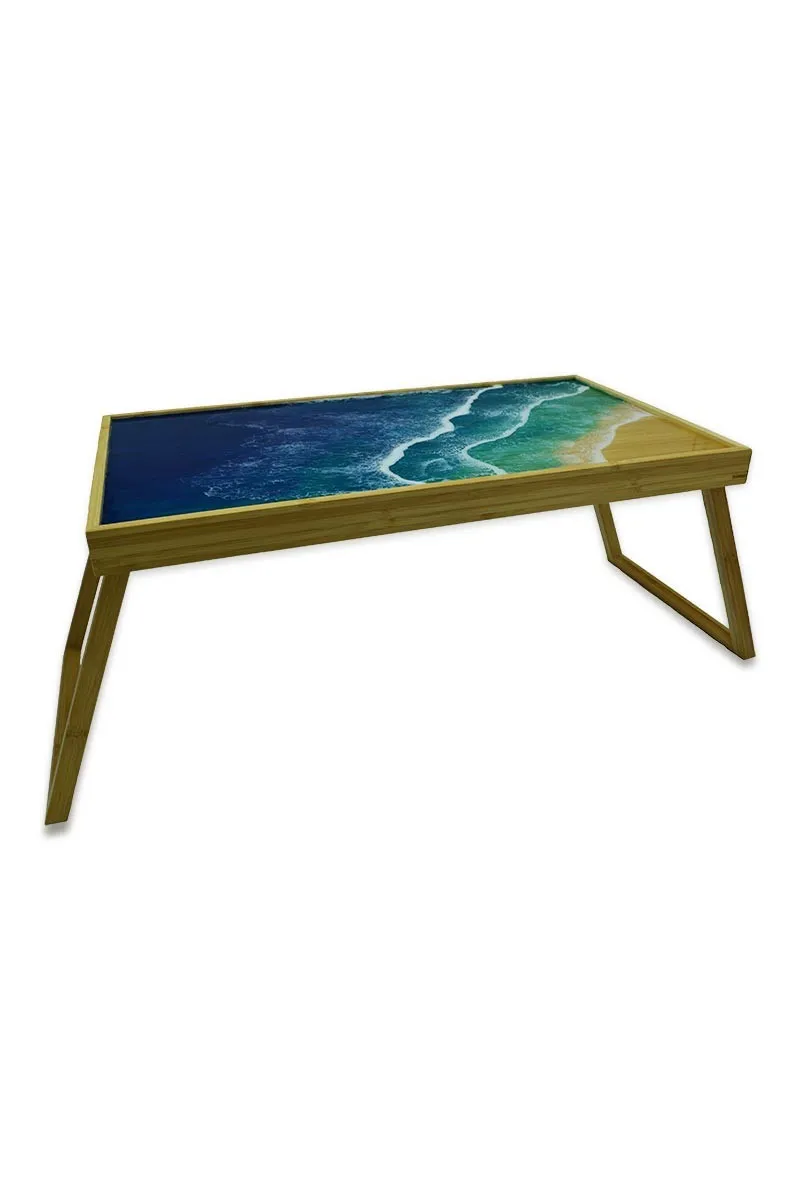 Bamboo bed tray with epoxy resin waves
