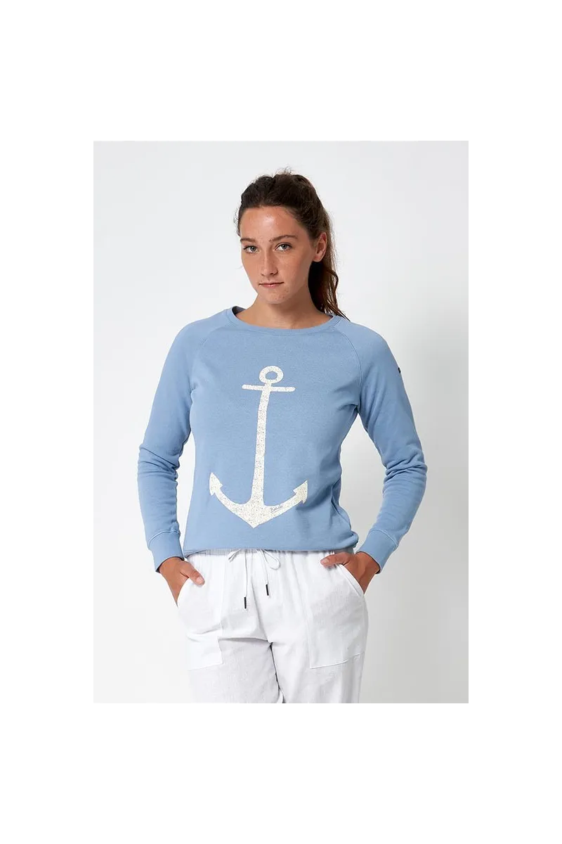 Faded denim blue Batela women's sweatshirt with anchor print