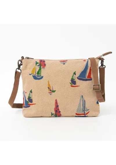 Beige shoulder bag with sailboats print D7378