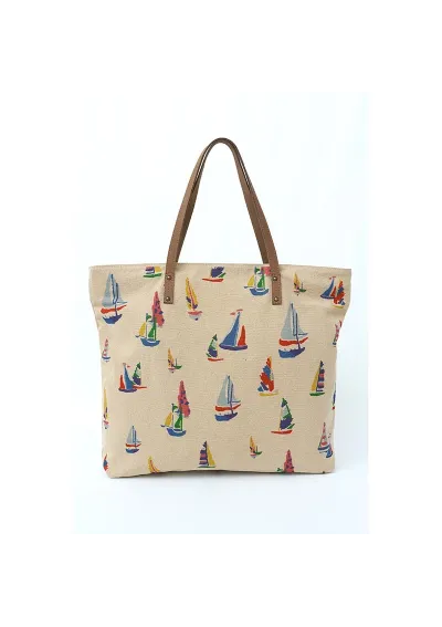 Beige bag with sailboats print D7372