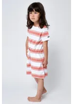 Vestido Batela de niña de manga corta a rayas N2918 blanco y terracota 4