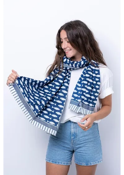 Navy blue Batela scarf with fish A2400