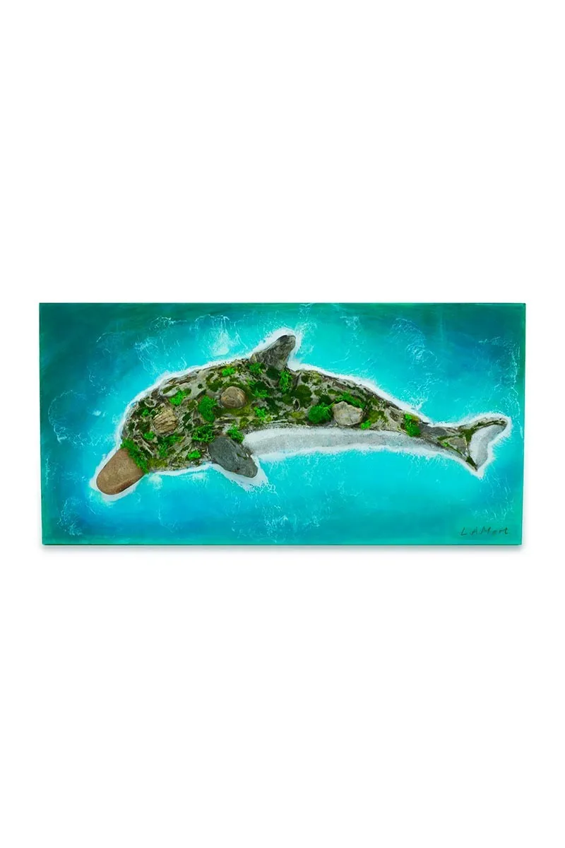 Cuadro hecho a mano con isla con forma de delfín y olas de resina epoxi