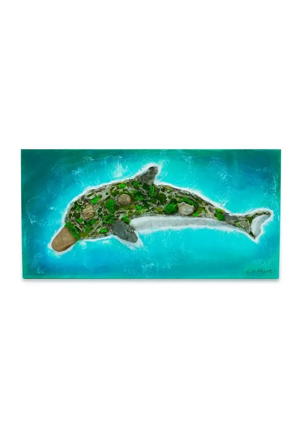 Cuadro hecho a mano con isla con forma de delfín y olas de resina epoxi