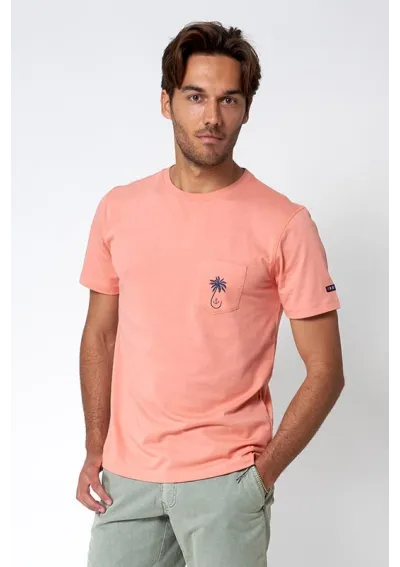 Camiseta Batela de manga corta con bolsillo y palmera A2388 terracota