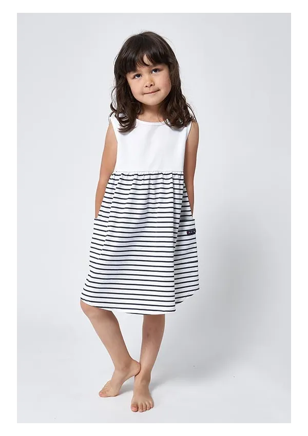 White & navy blue striped girl's sleeveless Batela dress N2031