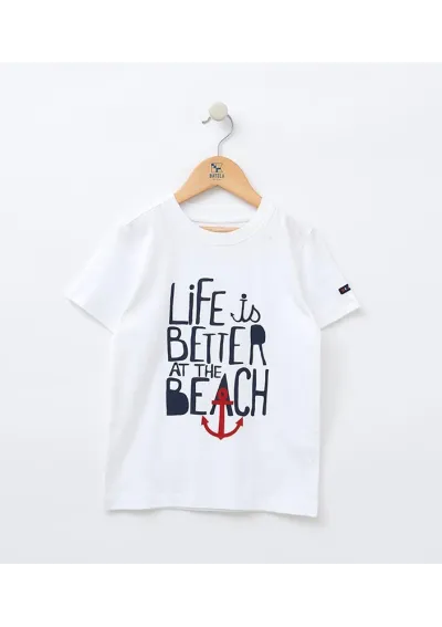 Batela T-shirt for boys with Life is better at the beach print N2007 white