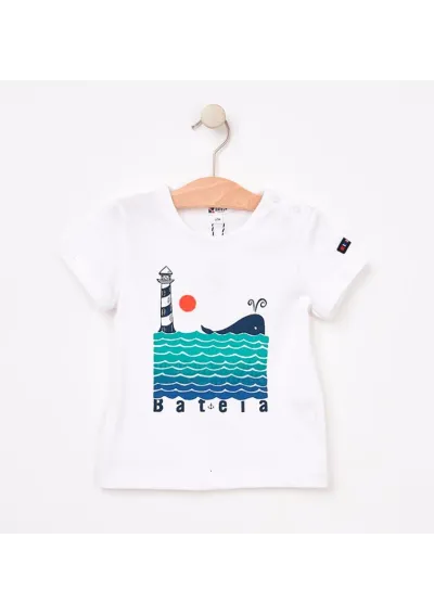 Batela lighthouse & whale baby T-shirt B2418 white