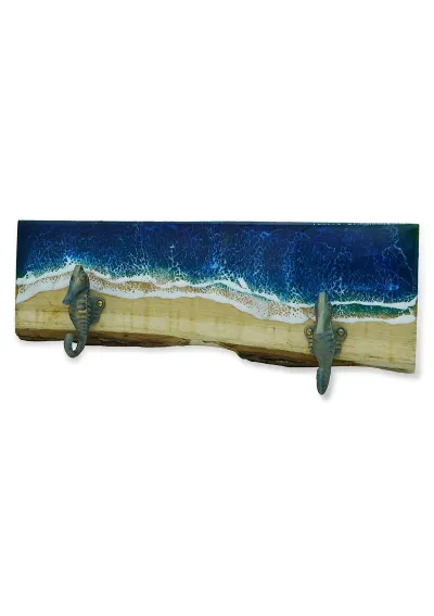 Oak coat rack with epoxy resin waves and green seahorses