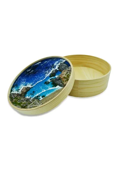 Caja redonda decorada a mano con una replica de Cala Fría (Cabo de Palos) 5
