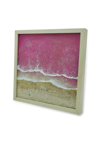 Cuadro hecho a mano de aguas rosas de resina epoxi y arena tropical de 25x25cm