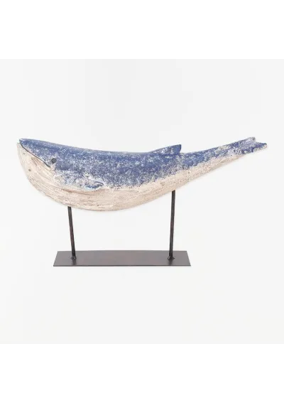 Ballena de madera blanca y azul con base de metal d2243