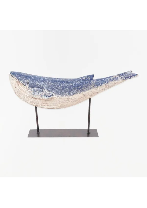 White and blue wooden whale with metal base d2243 by batela