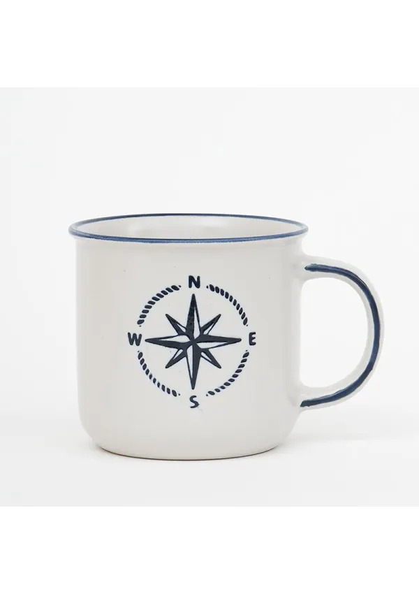 Taza blanca de cerámica con rosa de los vientos d6130 de batela Taza blanca de cerámica con rosa de los vientos d6130 de batela