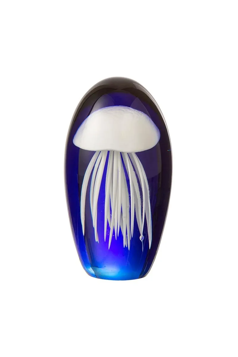 Pisapapeles de cristal con medusa blanca sobre fondo azul 23472