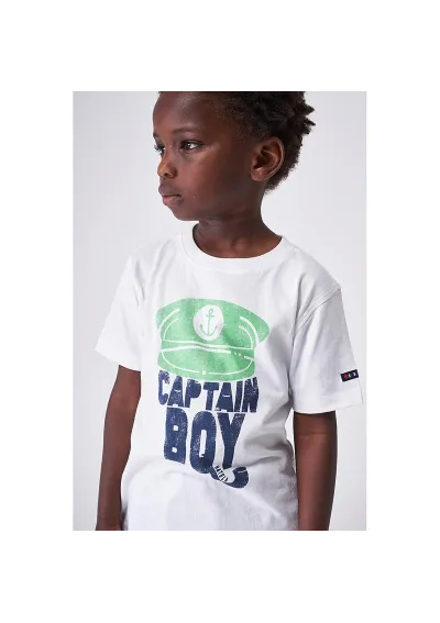 White Batela boy's t-shirt with green Captain Boy cap n2049 2