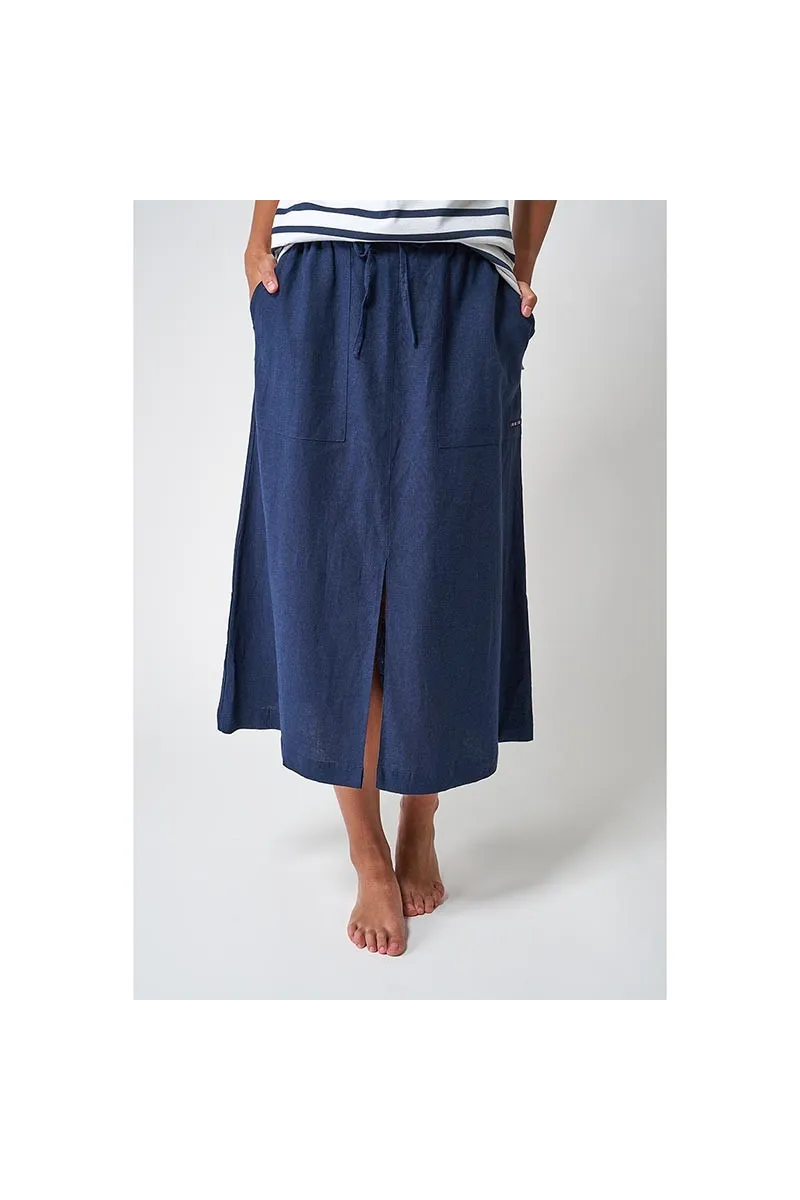 Long navy blue linen and viscose Batela skirt A2488