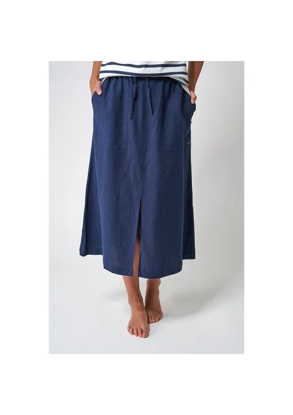 Long navy blue linen and viscose Batela skirt A2488